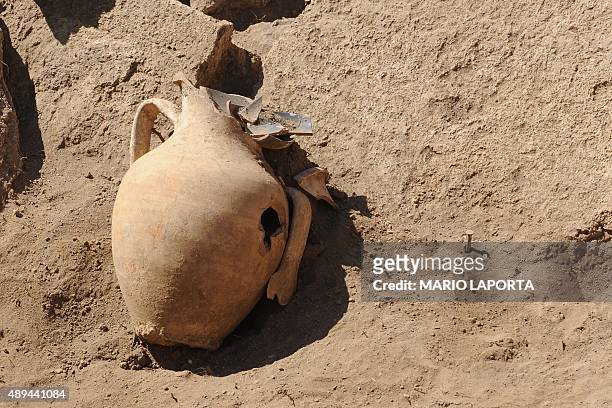 Picture shows a Samnite tomb of the fourth century BC. With an amphora discovered inside ancient ruins of Pompeii during a press conference on...