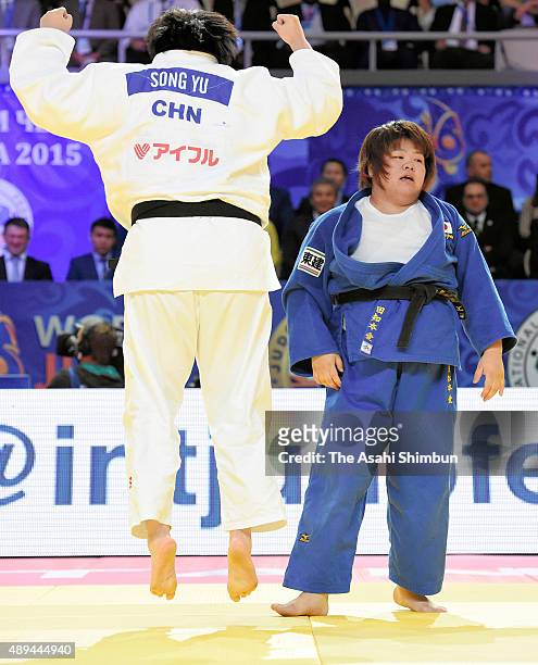 Yu Song of China celebrates while Megumi Tachimoto of Japan shows her dejection after the Women's +78kg final during the 2015 Astana World Judo...