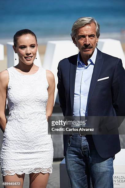 Actress Sofia Brito and actor Imanol Arias attend "Eva No Duerme" photocall at the Kursaal Palace during the 63rd San Sebastian International Film...