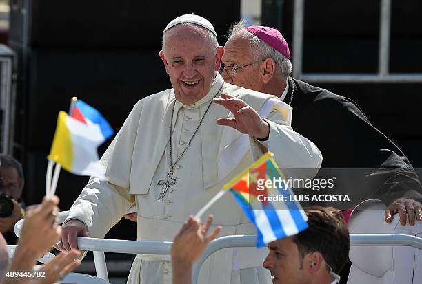 Pope Francis arrives to give a morning mass at the Calixto Garcia square in Holguin, in eastern Cuba, on September 21, 2015. Holguin, a cradle of...