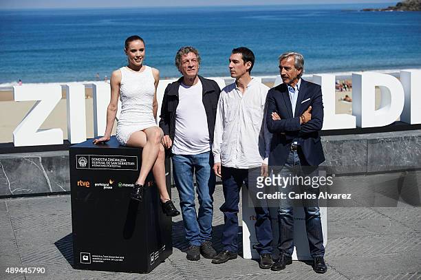Actress Sofia Brito, Actor Daniel Fanego, director Pablo Aguero and actor Imanol Arias attend "Eva No Duerme" photocall at the Kursaal Palace during...