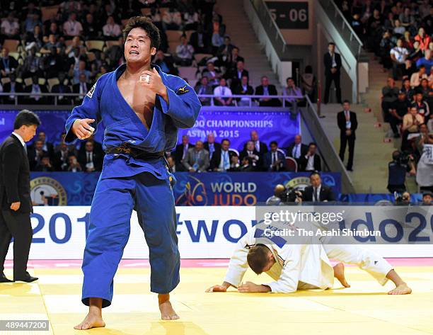Ryunosuke Haga of Japan celebrates winning gold in the Men's -100kg final against Karl-Richard Frey of Germany during the 2015 Astana World Judo...