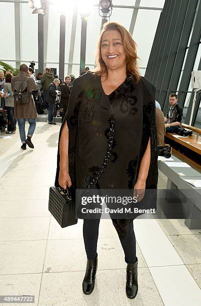 Zaha Hadid attends the Christopher Kane show during London Fashion Week SS16 at Sky Garden on September 21, 2015 in London, England.