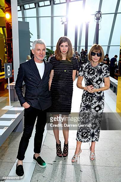 Baz Luhrmann, Klara Zak and Anna Wintour attend the Christopher Kane show during London Fashion Week Spring/Summer 2016 on September 21, 2015 in...