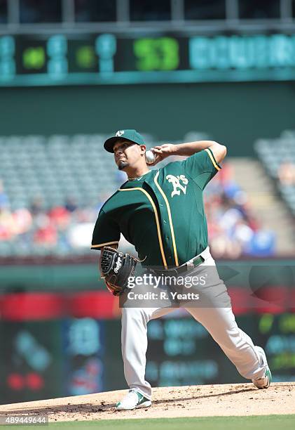 Felix Doubront of the Oakland Athletics throws in the first inning against the Texas Rangers at Global Life Park in Arlington on September 13, 2015...