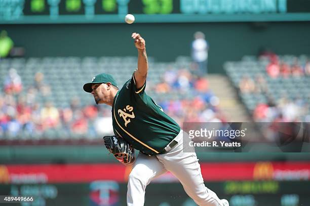 Felix Doubront of the Oakland Athletics throws in the first inning against the Texas Rangers at Global Life Park in Arlington on September 13, 2015...