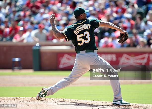 Felix Doubront of the Oakland Athletics throws in the second inning against the Texas Rangers at Global Life Park in Arlington on September 13, 2015...