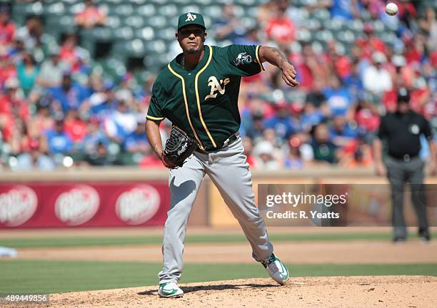 Felix Doubront of the Oakland Athletics throws in the fifth inning against the Texas Rangers at Global Life Park in Arlington on September 13, 2015...