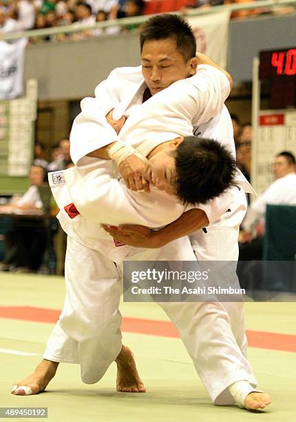 Tadahiro Nomura competes in the Men's -60kg third round against Ryudo Tsubaki during the All Japan Businessmen Judo Championships at Bay Com...