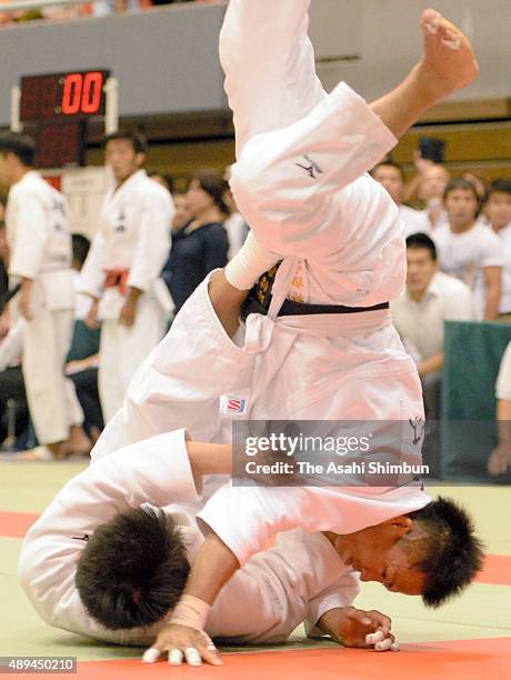 Tadahiro Nomura competes in the Men's -60kg third round against Ryudo Tsubaki during the All Japan Businessmen Judo Championships at Bay Com...