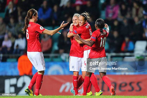 Josanne Potter of England celebrates with team-mates after scoring a goal during UEFA Women's Euro 2017 Qualifier match between Estonia and England...