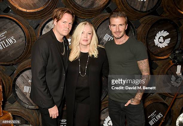 Geremy Jasper, Cathy Moriarty and David Beckham attend the premiere for Belstaff FilmsÕ Outlaws' during London Fashion Week at La Bodega Negra on...