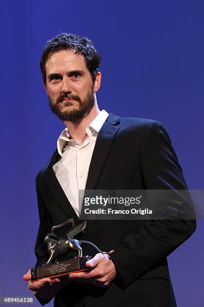 Jake Mahaffy on stage with the Orizzonti Award for Best Film for the movie 'Free in Deed' at the closing ceremony during the 72nd Venice Film...