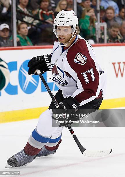 Brad Stuart of the Colorado Avalanche plays in the game against the Minnesota Wild at the Xcel Energy Center on October 9, 2014 in Minneapolis,...