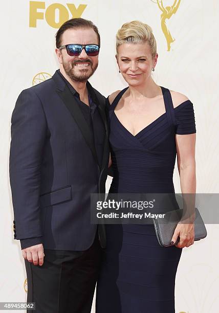 Actor Ricky Gervais and writer Jane Fallon attend the 67th Annual Primetime Emmy Awards at Microsoft Theater on September 20, 2015 in Los Angeles,...