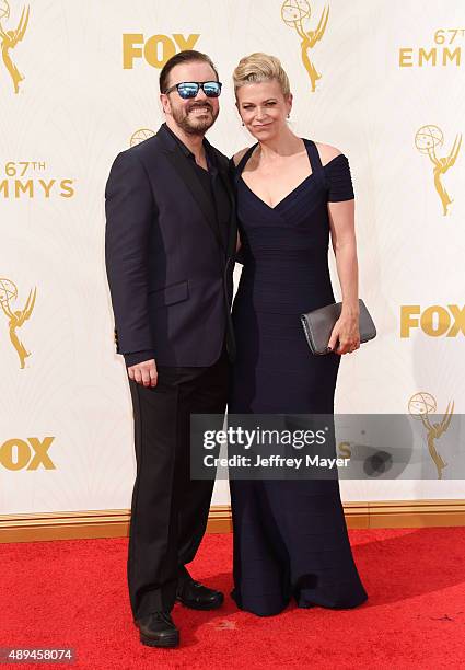 Actor Ricky Gervais and writer Jane Fallon attend the 67th Annual Primetime Emmy Awards at Microsoft Theater on September 20, 2015 in Los Angeles,...