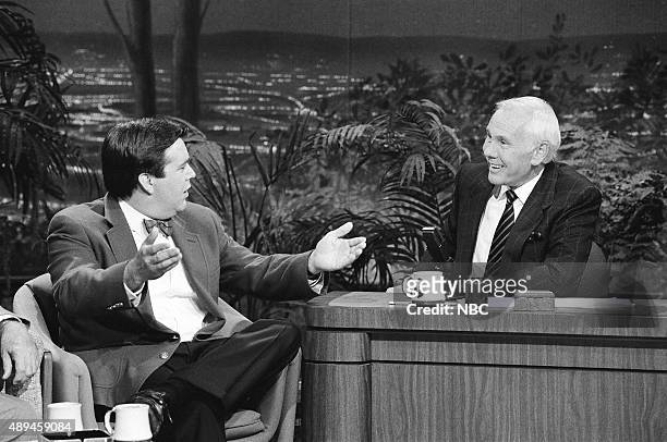 Pictured: Comedian Kevin Meaney during an interview with host Johnny Carson on August 22, 1991 --