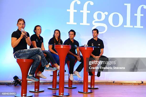 Golf players Karine Icher, Gwladys Nocera, Valentine Derrey, Alexander Levy and Gregory Bourdy during a French Golf Federation press conference for...