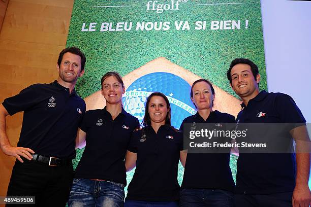 Golf players Gregory Bourdy, Karine Icher, Valentine Derrey, Gwladys Nocera and Alexander Levy attend a French Golf Federation press conference for...