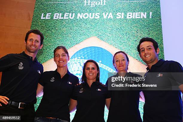 Golf players Gregory Bourdy, Karine Icher, Valentine Derrey, Gwladys Nocera and Alexander Levy attend a French Golf Federation press conference for...