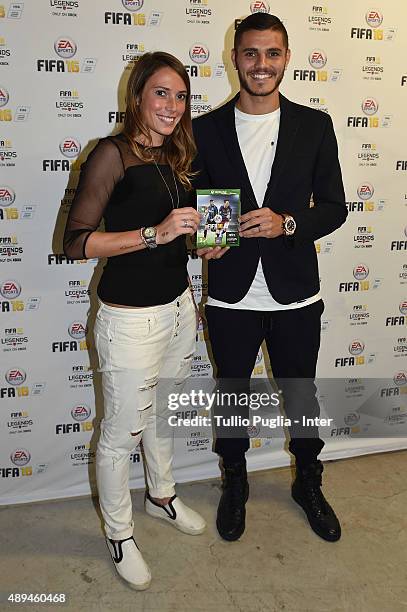 Regina Baresi and Mauro Icardi of FC Internazionale attend the EA Sports FIFA 16 event on September 21, 2015 in Milan, Italy.