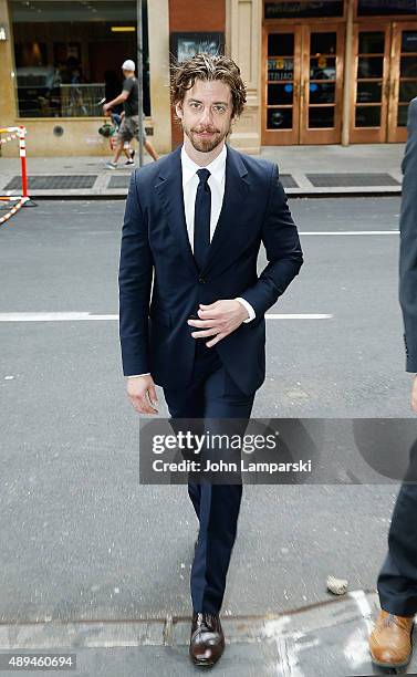 Christian Borle attends a public memorial for Roger Rees at New Amsterdam Theatre on September 21, 2015 in New York City. Roger Rees passed away on...