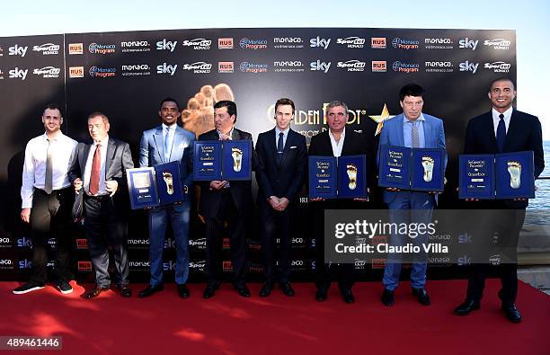 Michele Caliendo, Antonio Caliendo, Samuel Eto'o, Daniel Passarella, Louis Ducruet, Gheorghe Hagi, Rinat Dasaev, David Trezeguet attend the Golden...