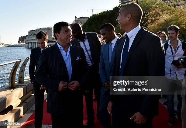 Daniel Passarella and David Trezeguet attend the Golden Foot award ceremony at Fairmont Hotel on September 21, 2015 in Monaco, Monaco.