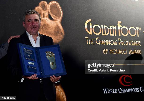 Gheorghe Hagi is awarded during the Golden Foot award ceremony at Fairmont Hotel on September 21, 2015 in Monaco, Monaco.