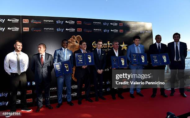 Michele Caliendo, Antonio Caliendo, Samuel Eto'o, Daniel Passarella, Louis Ducruet, Gheorghe Hagi, Rinat Dasaev, David Trezeguet attend the Golden...