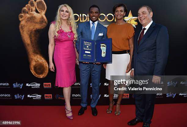 Alessandra Canale, Samuel Eto'o, his wife and Antonio Caliendo attend the Golden Foot award ceremony at Fairmont Hotel on September 21, 2015 in...