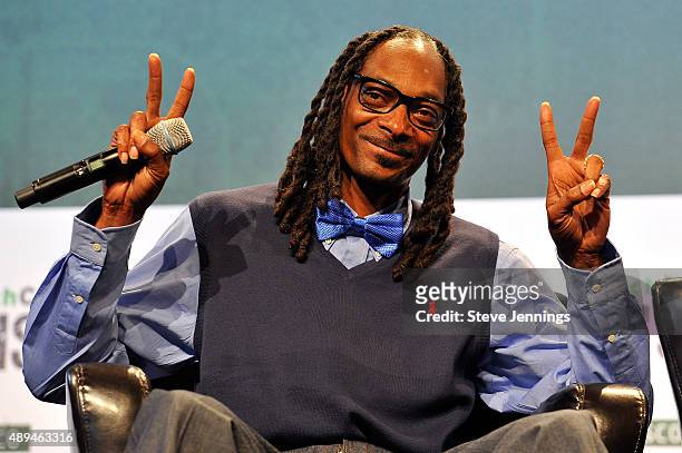 Recording artist Snoop Dogg speaks onstage during day one of TechCrunch Disrupt SF 2015 at Pier 70 on September 21, 2015 in San Francisco, California.