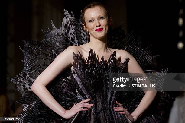 Model presents a creation from designer Giles, during the 2016 Spring / Summer catwalk show during London Fashion Week in London on September 21,...