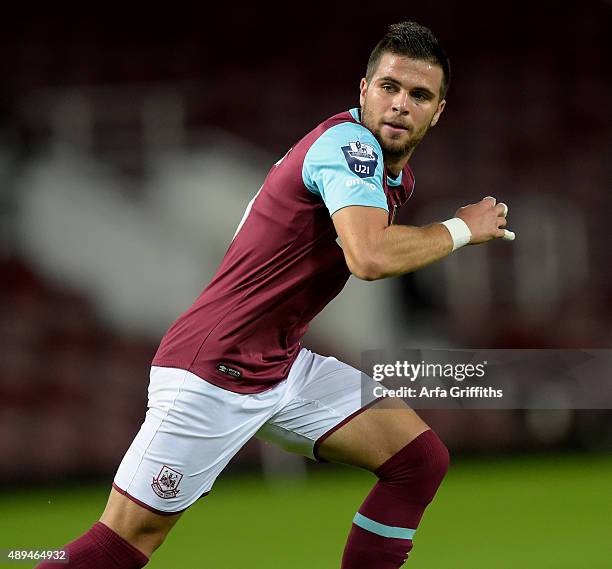 Luka Belic of West Ham United in action during the Premier League U21 match between West Ham United and Newcastle at Boleyn Ground on September 21,...