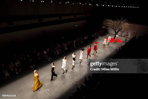 Models walk the runway at the OSMAN show during London Fashion Week Spring/Summer 2016/17 on September 21, 2015 in London, England.