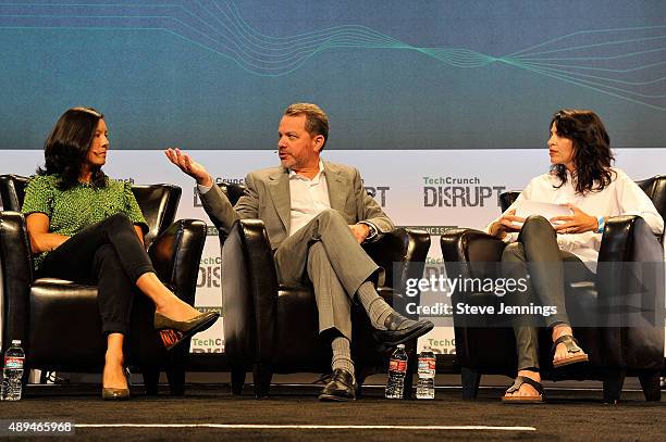 Moderator Connie Loizos, TPG Growth Founding Partner Bill McGlashan and Managing Partner of Cowboy Ventures Aileen Lee speak onstage during day one...