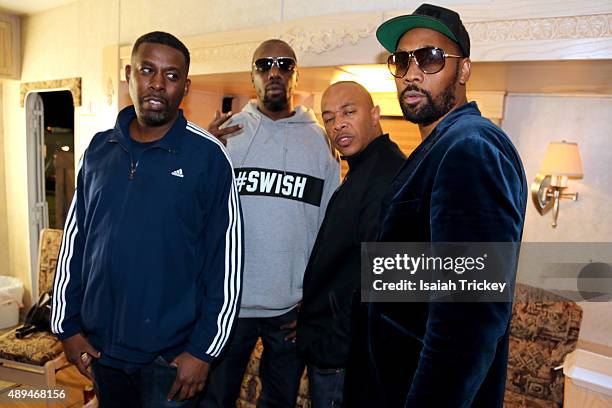 Inspectah Deck, U-God and RZA of The Wu-Tang Clan backstage after their Riot Fest 2015 concert at Downsview Park on September 20, 2015 in Toronto,...