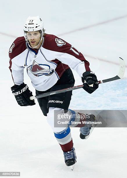 Brad Stuart of the Colorado Avalanche plays in the game against the Minnesota Wild at the Xcel Energy Center on October 9, 2014 in Minneapolis,...