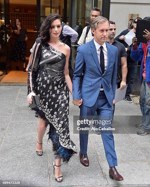 Anne Hathaway and Adam Shulman are seen in Soho on September 21, 2015 in New York City.