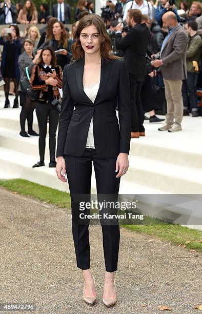 Amber Anderson attends the Burberry Prorsum show during London Fashion Week Spring/Summer 2016/17 at Kensington Gardens on September 21, 2015 in...