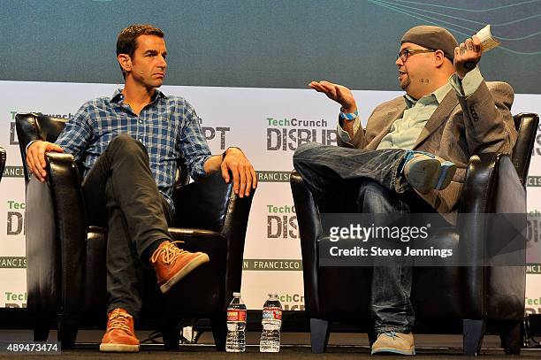 Moderator Drew Olanoff speaks with Claude Zellweger of HTC onstage during day one of TechCrunch Disrupt SF 2015 at Pier 70 on September 21, 2015 in...