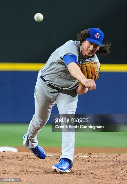 Jeff Samardzija of the Chicago Cubs throws a 1st inning pitch against the Atlanta Braves at Turner Field on May 10, 2014 in Atlanta, Georgia.