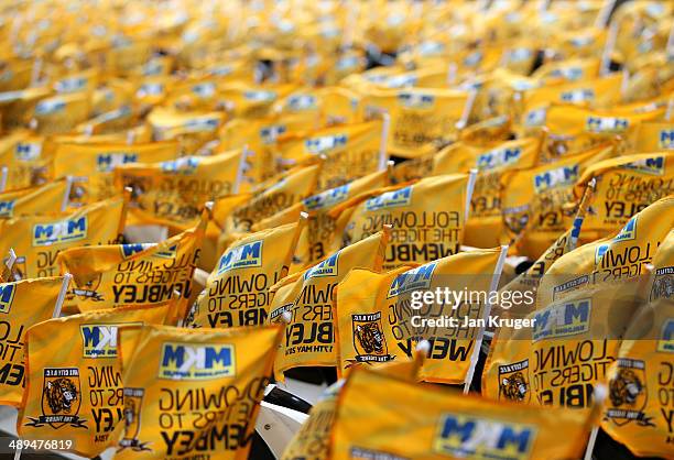 Flags are displayed ahead of the Barclays Premier League match between Hull City and Everton at KC Stadium on May 11, 2014 in Hull, England.