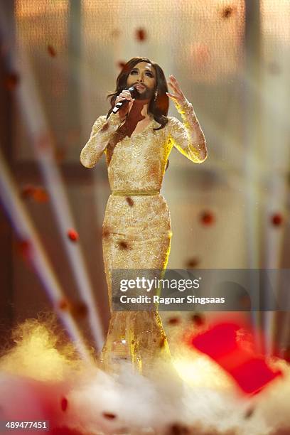 Conchita Wurst of Austria performs on stage after winning the Eurovision Song Contest 2014 on May 10, 2014 in Copenhagen, Denmark.