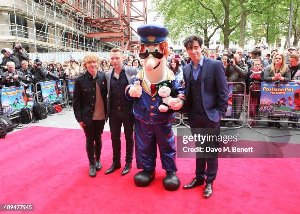 Rupert Grint, Ronan Keating, Postman Pat and Stephen Mangan attend the World Premiere of "Postman Pat" at Odeon West End on May 11, 2014 in London,...