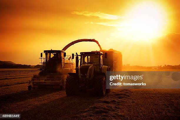 landwirtschaft maschine bei der arbeit - landwirtschaftliche maschine stock-fotos und bilder