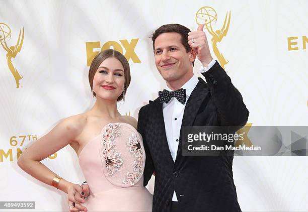 Actor/host Andy Samberg and wife Joanna Newsom arrive at the 67th Annual Primetime Emmy Awards at the Microsoft Theater on September 20, 2015 in Los...