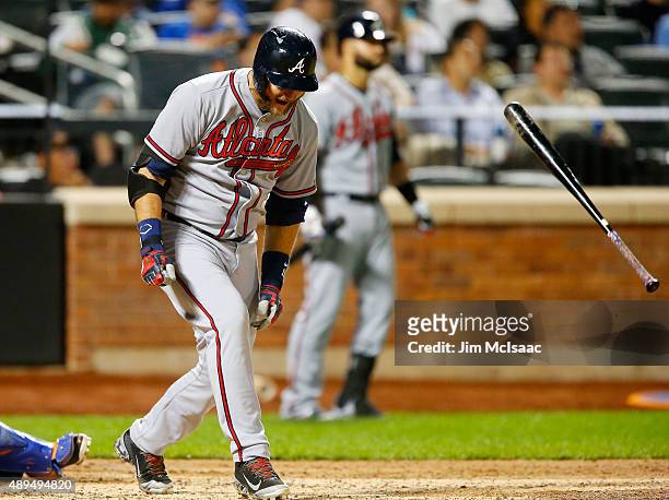 Pierzynski of the Atlanta Braves reacts after flying out to end the sixth inning against the New York Mets at Citi Field on September 21, 2015 in the...