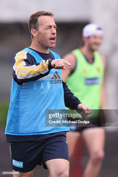 Hawks head coach Alastair Clarkson shouts and gestures during a Hawthorn Hawks AFL training session at Waverley Park on September 22, 2015 in...