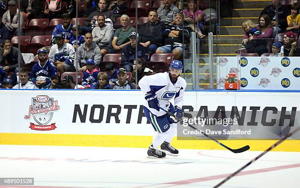 Frank Corrado of the Vancouver Canucks skates during Day 3 of NHL Kraft Hockeyville at the Q Centre on September 21, 2015 in West Shore, British...